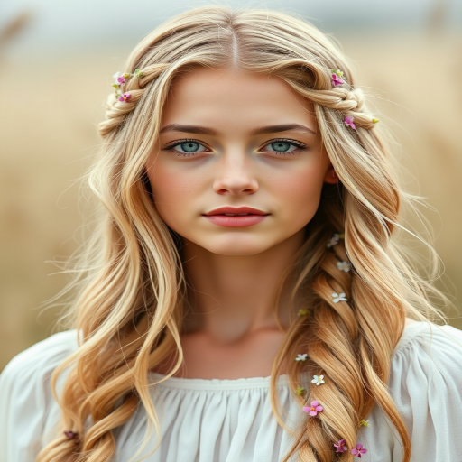 Create an image of a young Sephardic woman with long, wavy blonde hair, adorned with small, colorful flowers woven into her braids and loose strands. Her complexion is fair, with soft, glowing skin, and she has light blue eyes that gaze softly at the viewer. She wears a light, flowing dress with a gentle, ethereal quality, complementing her delicate and serene appearance. The background is slightly blurred, drawing focus to her tranquil expression and the intricate details of the flowers in her hair. The overall mood of the image is one of natural beauty and grace, evoking a sense of peacefulness and connection with nature.