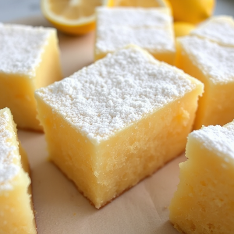 A close-up image of a slice of lemon cake topped with powdered sugar surrounded by other similar slices on a light surface with lemon slices in the background. The cake has a soft and moist texture, showcasing a light yellow color.