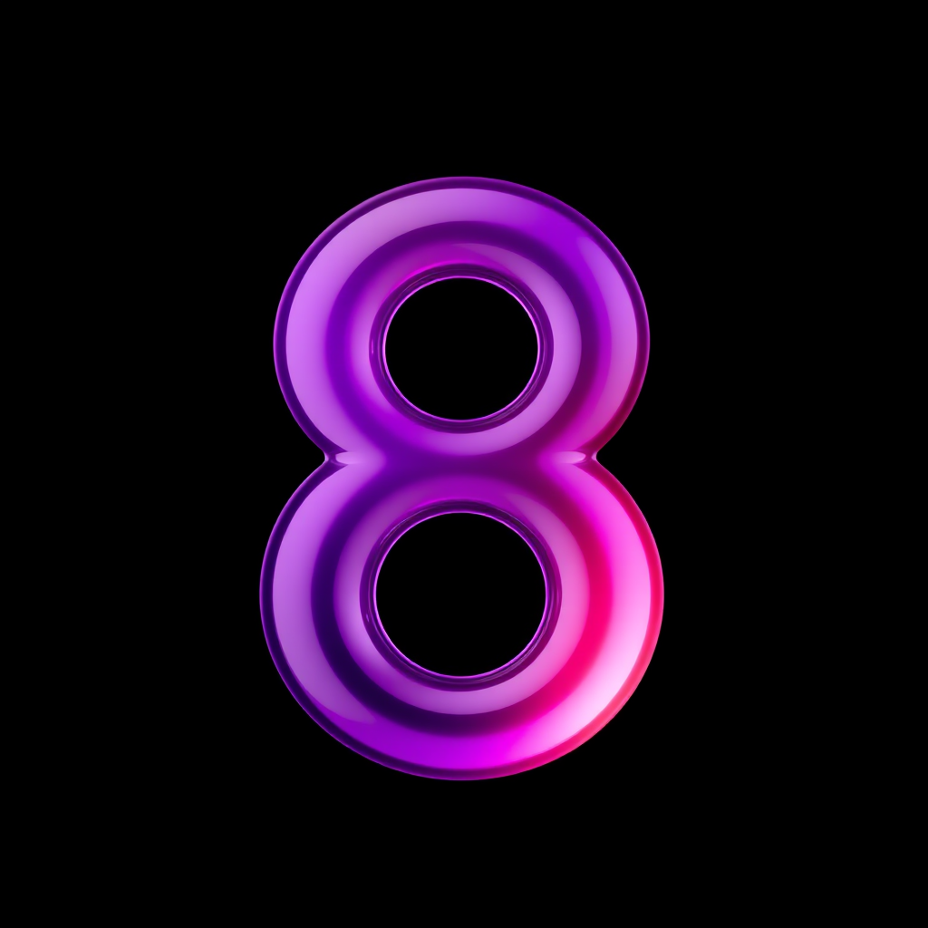 Create a vibrant and glossy number 8 in a rich gradient of purple and pink colors, set against a contrasting dark background, captured with a DSLR camera at f/2.8 aperture, ISO 100, 50mm lens, in a close-up shot to enhance clarity and detail.