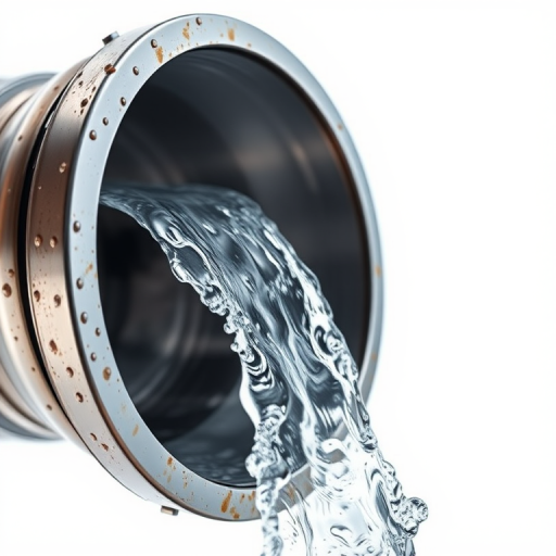 Create a high-resolution image of a metallic pipe with flowing water, using a DSLR camera with a 50mm lens, f/8 aperture, ISO 200, 1/125 second shutter speed, HDR technique, and a clean white background for enhanced contrast.