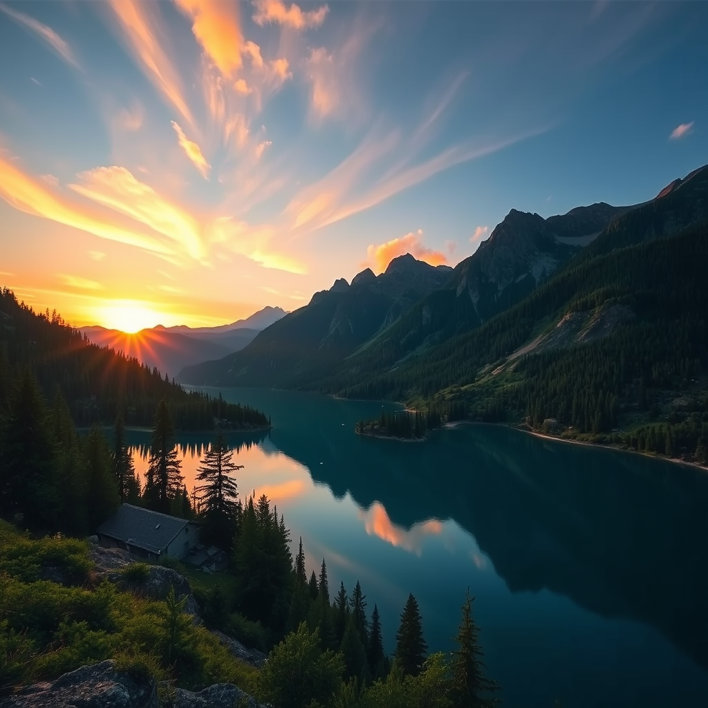 Create a vibrant landscape scene of a serene lake surrounded by lush mountains at sunset, captured with a Nikon D850, 35mm lens, aperture f/8, ISO 100, using a wide-angle view for enhanced depth.