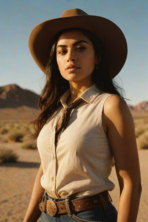 Dramatic photo of a beautiful Persian woman, classic cowboy attire, confident and free spirit expression, half-length portrait, centered, golden hour desert landscape, warm, diffused light, low angle, medium format film camera, in style of Annie Leibovitz.