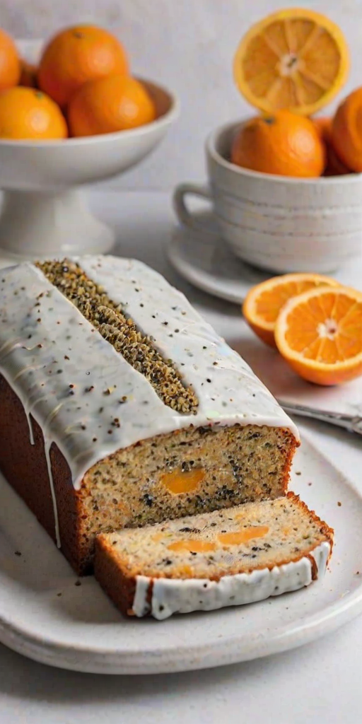 Create an image of a loaf cake with a light glaze on top. The cake is sliced to reveal a moist, textured interior with poppy seeds. The top is adorned with dried orange slices for decoration. The setting should be simple and elegant, showcasing the cake on a white plate against a soft, neutral background.