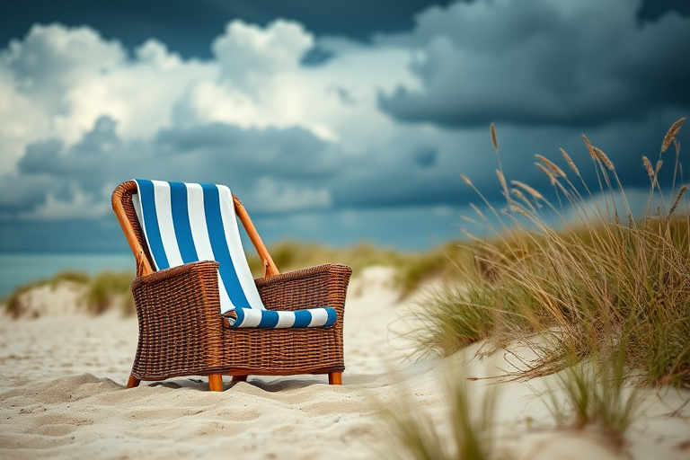 a beach scene featuring a wicker beach chair with blue and white stripes, set against a dramatic sky with storm clouds, focusing on the chair with a blurred background of sandy dunes and grasses, shot with a Canon EOS 5D Mark IV, 50mm lens, aperture f/2.8, ISO 100, with a shallow depth of field to enhance the subject clarity and capture the texture of the sand and grass.