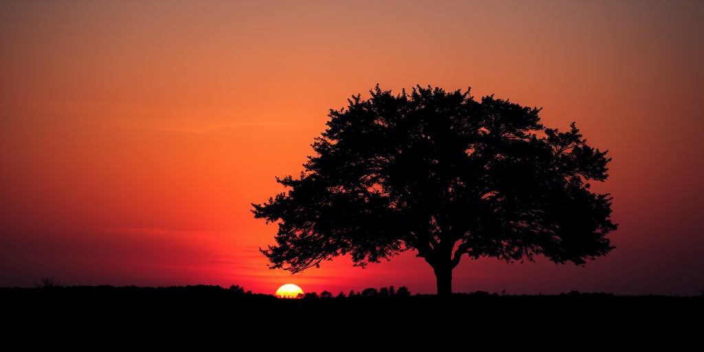 Create an artistic silhouette of a tree against a sunset background, with vibrant orange and purple hues, captured with a DSLR camera at f/8 aperture, ISO 200, 1/200 sec shutter speed, with a wide-angle lens to enhance depth and detail.