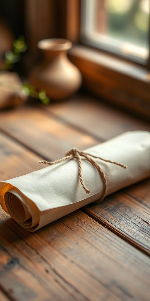 Create an image of a rolled parchment scroll tied with a string placed on a wooden surface, using a DSLR camera with a 50mm lens, aperture set to f/1.8 for a shallow depth of field, ISO 200 for low noise, and shot in natural light from a side window to enhance the texture and color of the parchment.