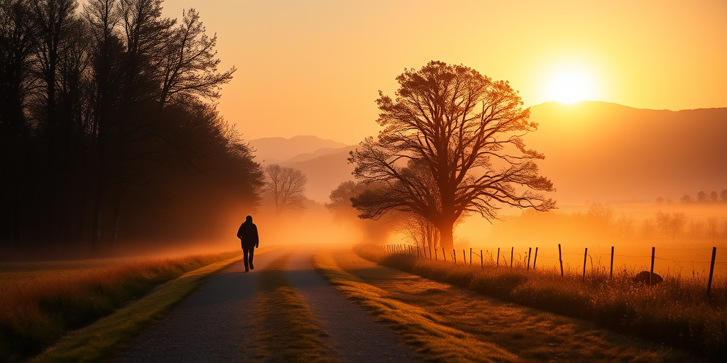 Capture a serene landscape at sunrise featuring a lone figure walking along a misty path, with soft golden light filtering through trees and a distant mountain backdrop, using a DSLR camera at f/8, ISO 100, 1/200 sec, 24mm lens, and a shallow depth of field for enhanced detail and clarity.
