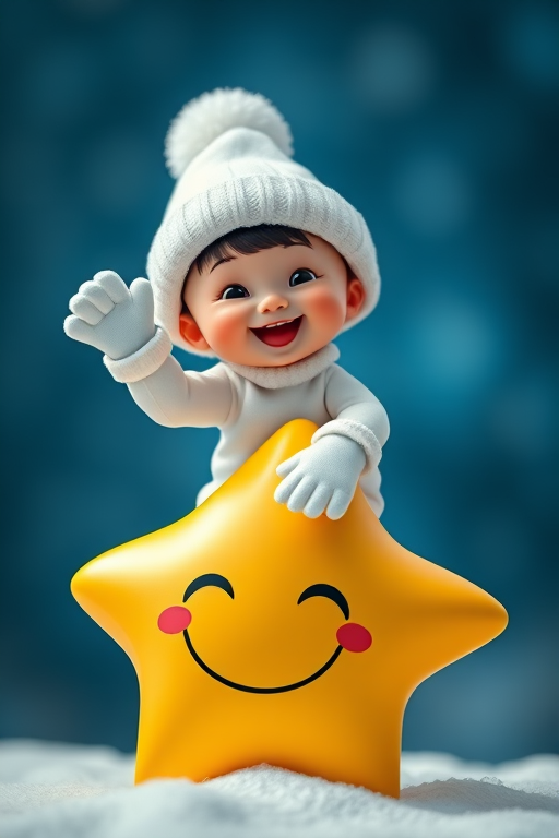 Create an image of a cute cartoon character resembling a child in a white hat and gloves, joyfully sitting on a large, smiling yellow star, with a soft focus background, using a DSLR camera set to f/2.8 aperture, 50mm focal length, and ISO 100 for vibrant colors and sharp details.