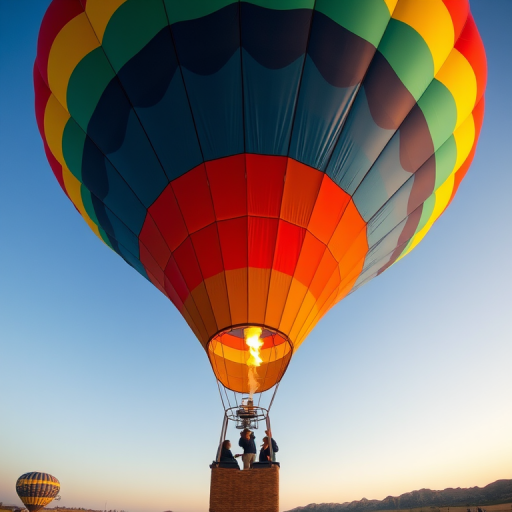 Hot air balloon from below with vibrant colors and patterns, shot at sunrise, aperture f/4, shutter speed 1/500s, ISO 200, using a DSLR camera in a wide-angle view to capture the full canopy and ground details.