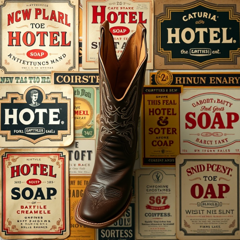 Create a high-resolution collage of vintage hotel labels and soap advertisements featuring a classic cowboy boot, positioned centrally, taken with a Canon EOS R5 at f/8, ISO 100, 24mm lens, soft natural lighting, top-down view, with a shallow depth of field for enhanced image quality.