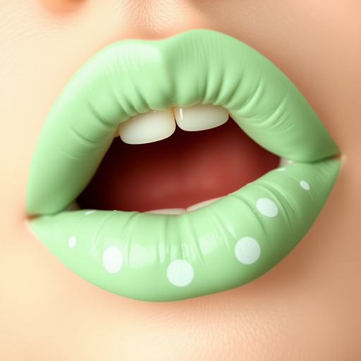 Opaque pastel mint green lips in "Pistachio Kiss" style, with a creamy matte finish and delicate white polka dots for a playful and retro-inspired look