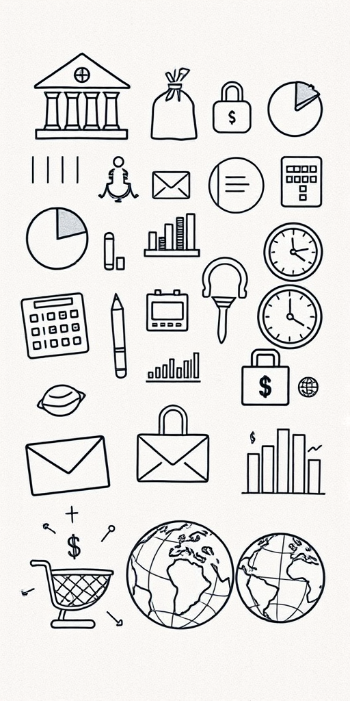 Create a high-resolution illustration of hand-drawn financial and business icons including a bank, pie chart, calendar, money bag, calculator, clock, shopping basket, envelope, password lock, dollar signs, bar chart, and globe, with a clean, textured background, using a DSLR camera at f/2.8 aperture, 50mm lens, and natural lighting for enhanced clarity and depth.