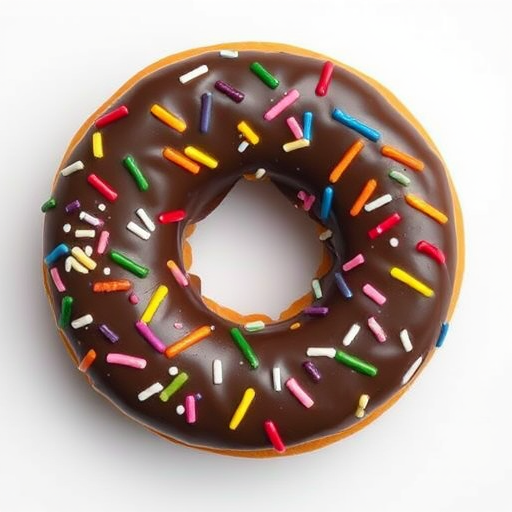Create a high-resolution image of a chocolate donut with colorful sprinkles on a plain white background, using a 50mm lens, f/2.8 aperture, 1/200s shutter speed, captured with a DSLR camera in top-down view.