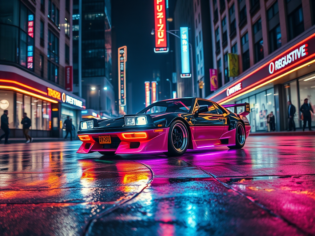 Regenerate a vibrant retro-futuristic car in an urban night scene with neon lights reflecting on wet pavement, camera settings: f/2.8, ISO 100, shutter speed 1/200s, camera view: low angle shot, camera style: dynamic composition, camera type: digital mirrorless.