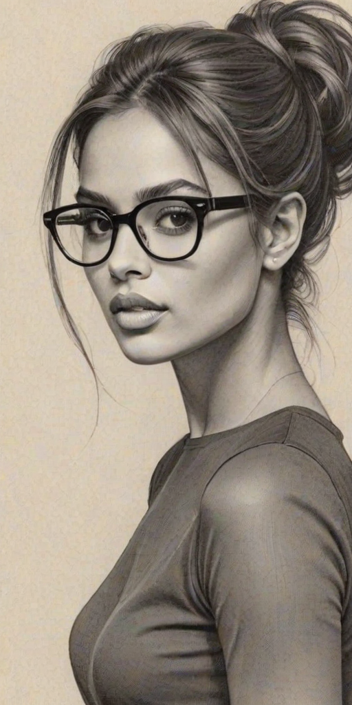 Enticing Ciara, pencil sketch, portrait of Exquisite woman 1964s in glasses, hair style beatnik, outline, clear lines, fine lines, 8k