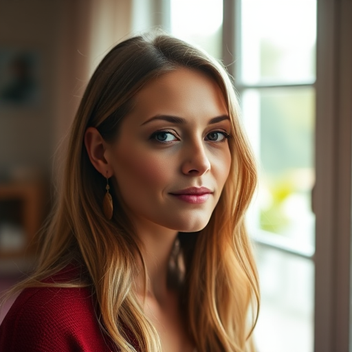 portrait of a woman with long hair and earrings, soft natural light from a window, shallow depth of field, 50mm lens, aperture f/1.8, ISO 200, 1/100 sec, shot in a cozy indoor setting with a blurred background.