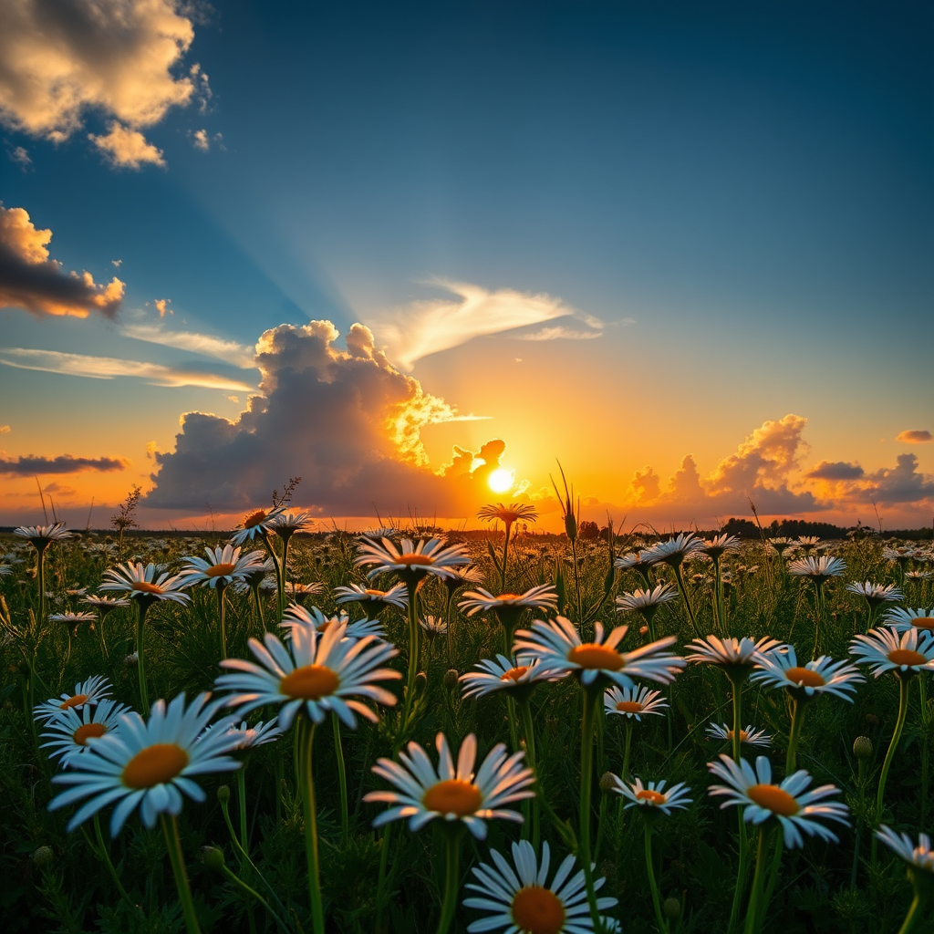 capture a vibrant sunset over a field of daisies with golden sunlight illuminating the flowers in the foreground and dramatic clouds in the background, using a Canon EOS R5, 24mm lens, f/8 aperture, ISO 100, 1/200s shutter speed, shot at a low angle for depth and clarity