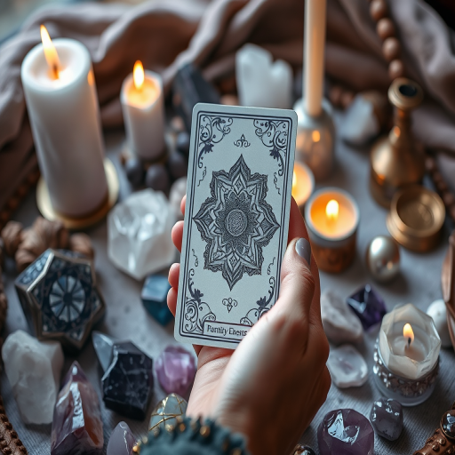 Create a mystical scene featuring a hand holding an ornate tarot card amidst an array of crystals and candles, with soft focus background, captured with a DSLR camera at f/2.8, 50mm lens, ISO 200, natural soft lighting to enhance colors and textures.