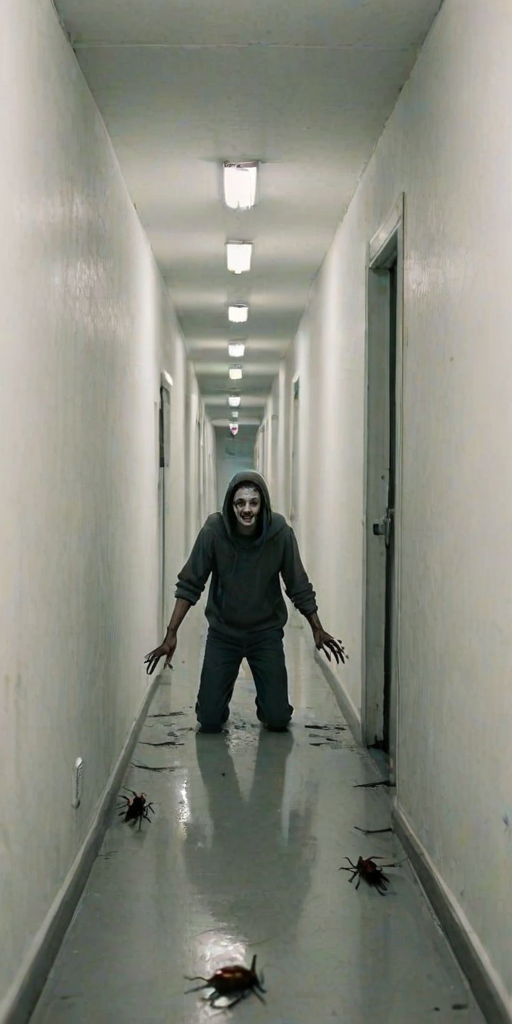 a crooked male with long arms and a creepy smile is crawling along a long white corridor and you can also see cockroaches in it there is a creepy atmosphere creepy art style