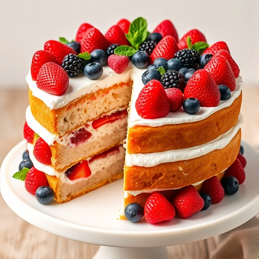 A beautifully layered cake with multiple layers of sponge cake and whipped cream filling decorated with fresh strawberries raspberries blackberries and blueberries on top with a touch of mint leaves showing a slice cut out revealing the colorful layers inside placed on a white cake stand.