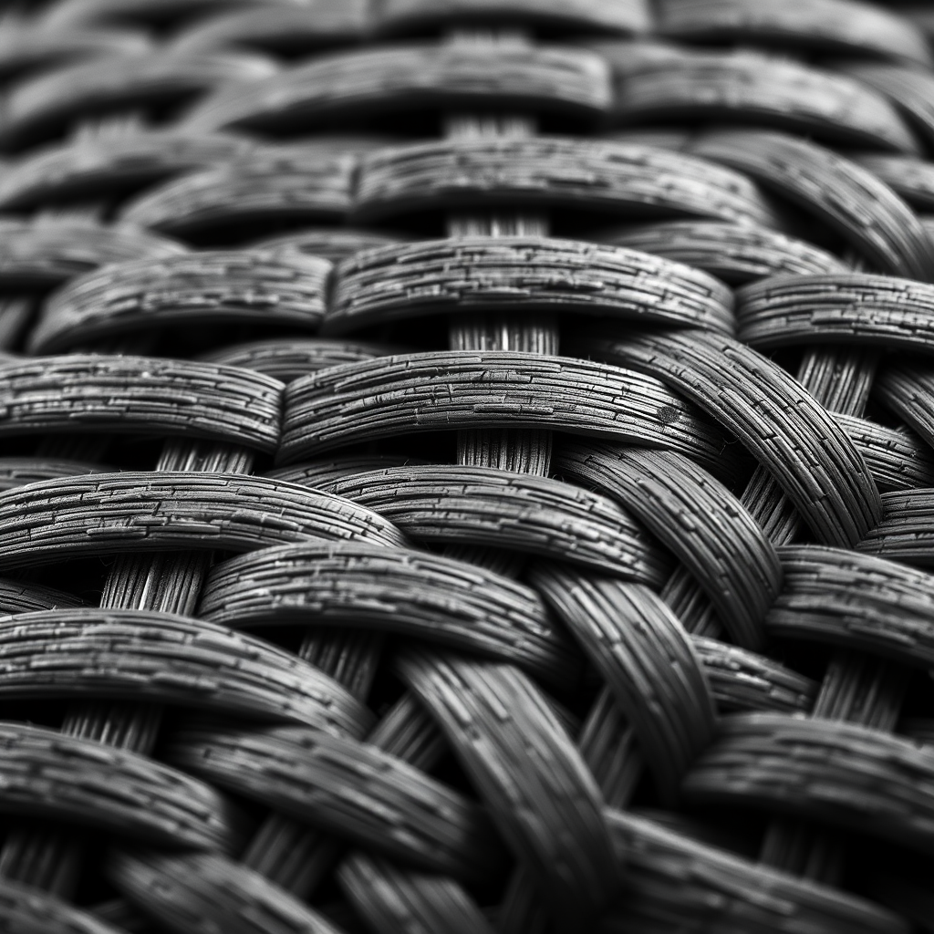 generate a high-resolution image of a woven pattern in monochrome with intricate details and textures, camera settings: ISO 100, aperture f/8, shutter speed 1/125s, camera view: top-down perspective, camera style: macro photography, camera type: DSLR