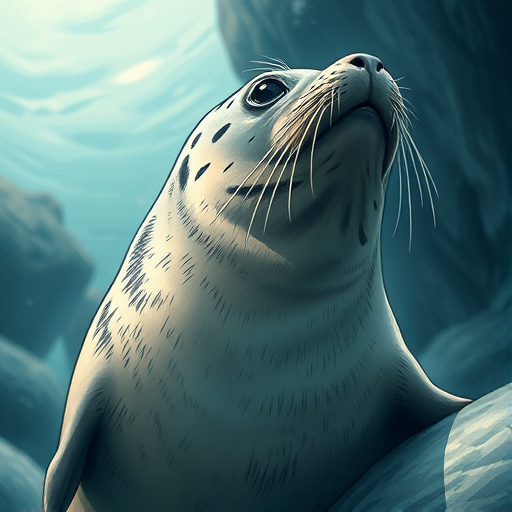 regenerate a detailed illustration of a seal in a natural pose, low angle view, soft lighting, high resolution, ISO 100, f/8 aperture, 50mm lens, digital illustration style