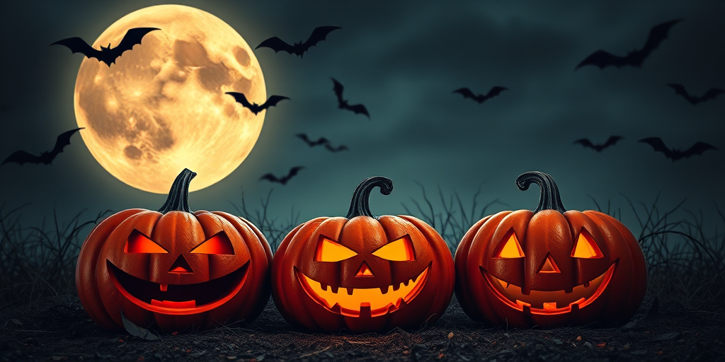 Create a vibrant Halloween scene featuring three stylized pumpkins with expressive faces, set against a large full moon and flying bats in a dark sky, using a DSLR camera, 50mm lens, f/2.8 aperture, ISO 400, and a slight vignette effect to enhance colors and details.