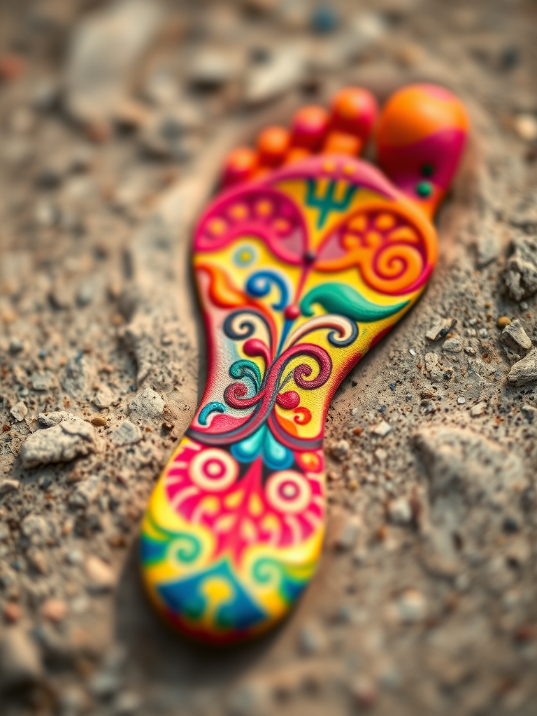 Create an abstract image of a colorful, stylized footprint with intricate patterns and designs, using a DSLR camera with a 50mm lens, aperture f/1.8, ISO 100, natural lighting, and a shallow depth of field for enhanced detail and vibrancy.