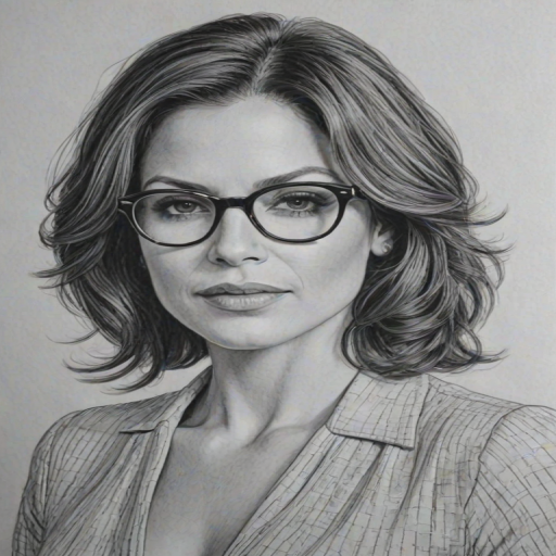 Radiant Lana Parrilla, pencil sketch, portrait of Superb woman 1975s in glasses, hair style beatnik, outline, clear lines, fine lines, 8k