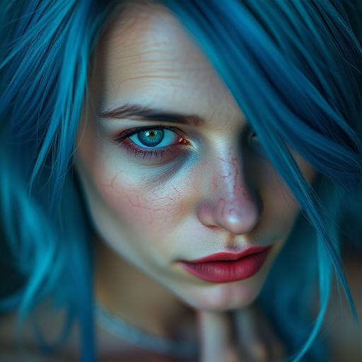 Regenerate a portrait of a woman with cracked skin and vibrant blue hair, soft focus, cinematic lighting, using a Canon EOS R5, 85mm lens, aperture f/1.8, ISO 200, 1/125s shutter speed, high dynamic range.