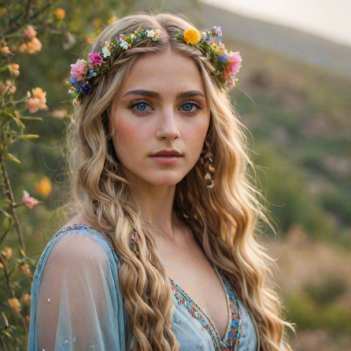 Create an image of a young Chaldean woman with long, wavy blonde hair, adorned with small, colorful flowers woven into her braids and loose strands. Her complexion is fair, with soft, glowing skin, and she has light blue eyes that gaze softly at the viewer. She wears a light, flowing dress with a gentle, ethereal quality, complementing her delicate and serene appearance. The background is slightly blurred, drawing focus to her tranquil expression and the intricate details of the flowers in her hair. The overall mood of the image is one of natural beauty and grace, evoking a sense of peacefulness and connection with nature.