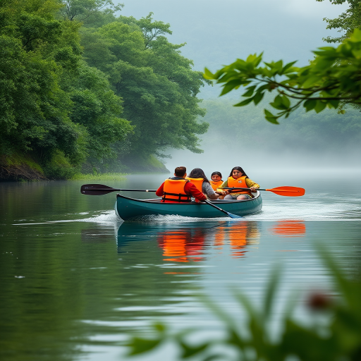 Capture a serene river scene with a vibrant canoeing group wearing orange life jackets, using a Canon EOS R5 with a 24-70mm lens at f/4, ISO 200, and a shutter speed of 1/200s, shot from a mid-range angle to emphasize the lush greenery and misty background for enhanced depth.