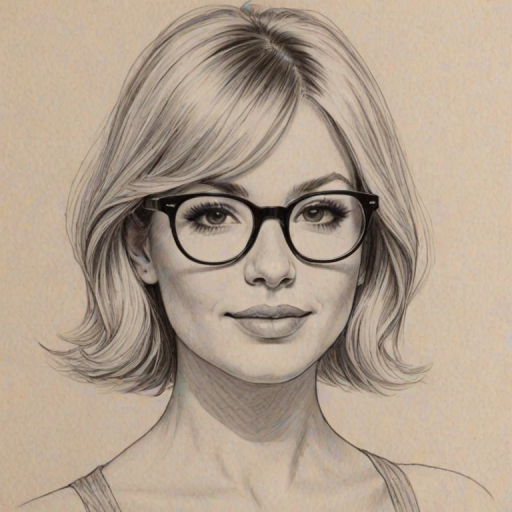 Appealing Ari Graynor, pencil sketch, portrait of Delightful woman 1966s in glasses, hair style beatnik, outline, clear lines, fine lines, 8k
