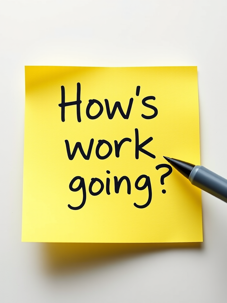 Yellow post-it note, hand written in black pen text "How's work going??", 3d, hd, hyper realistic,