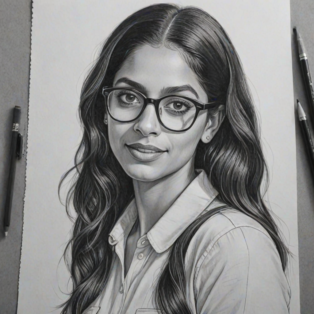 Enchanting Lilly Singh, pencil sketch, portrait of Enticing woman 1925s in glasses, hair style beatnik, outline, clear lines, fine lines, 8k