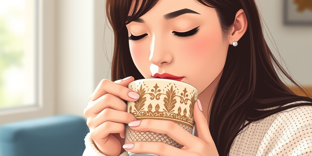 Create a high-resolution vector illustration of a young woman with long dark hair sipping from a patterned mug, using a soft-focus lens, at a 50mm focal length, f/1.8 aperture, and shot in natural light for enhanced image quality.