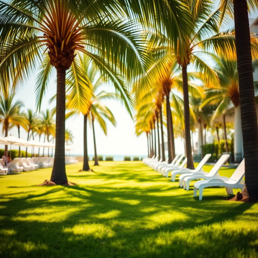 lush green lawn with lined sun loungers under palm trees, bright sunny day, shallow depth of field, aperture f/2.8, ISO 100, 24mm lens, DSLR camera, vibrant colors, soft lighting