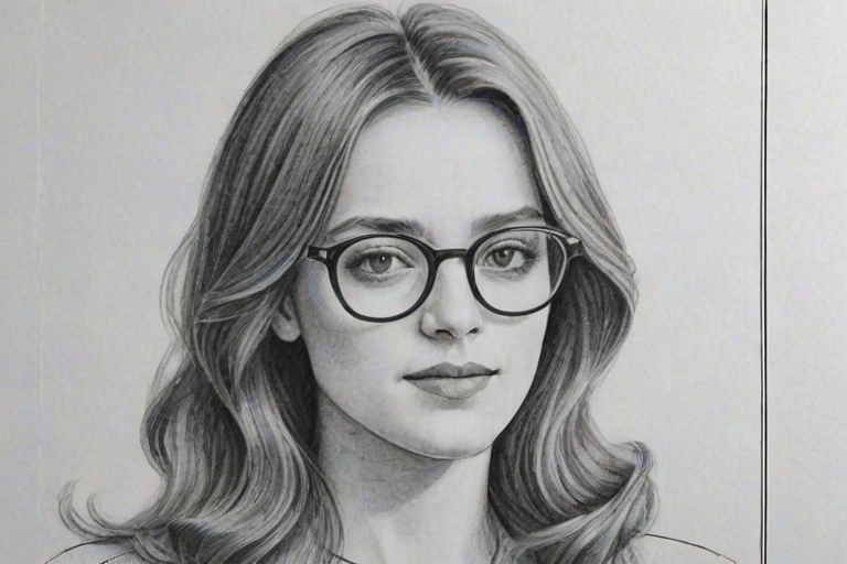 Resplendent Victoria Pedretti, pencil sketch, portrait of Elegant woman 1978s in glasses, hair style beatnik, outline, clear lines, fine lines, 8k