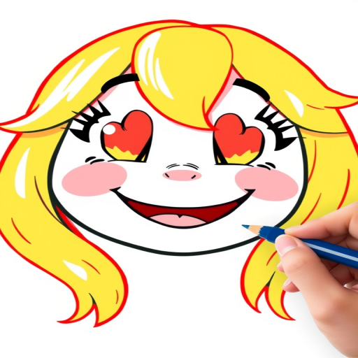 Create a bright, cheerful illustration of a cartoon face with golden blonde hair, heart-shaped red eyes, and a big smile, using a digital drawing tablet, in high resolution, with a soft-focus effect, capturing a playful and friendly vibe.