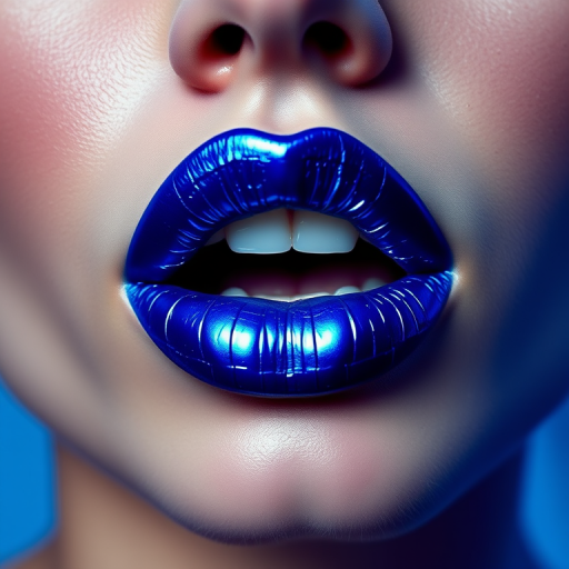 Electric blue lips with a metallic finish, bold and eye-catching, perfect for a futuristic or cyberpunk-inspired fashion editorial