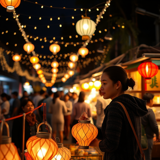 Night market illuminated by strings of lights, bustling with people browsing stalls, a woman buying a lantern from a vendor, her face glowing in the warm light.