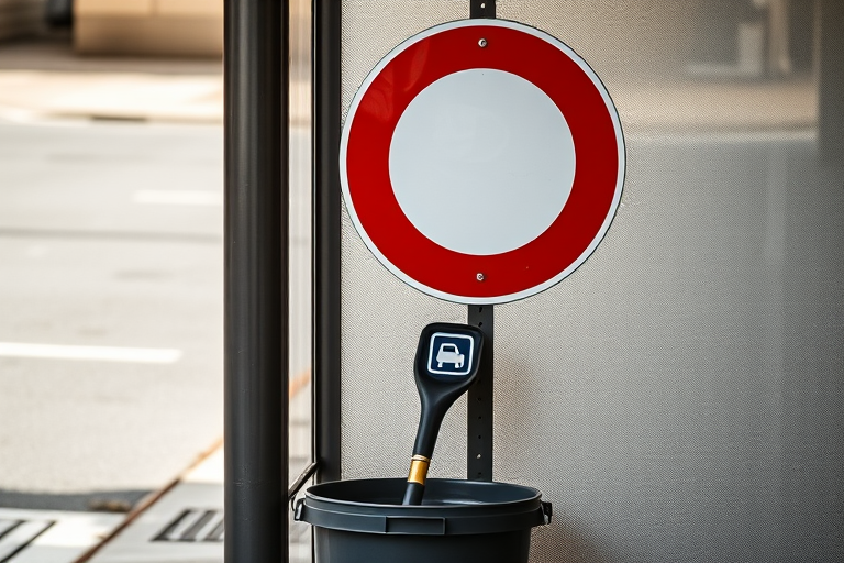 Generate an image of a bus stop sign with a no parking symbol, showing a shovel leaning against a bucket beside the sign, captured with a DSLR camera at 50mm focal length, f/8 aperture, ISO 200, in natural daylight with a slight overhead angle for depth.