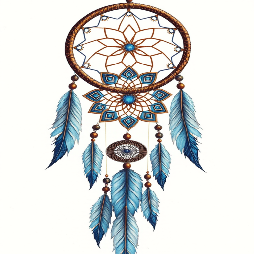 Create a detailed illustration of a dreamcatcher with intricate blue patterns and feathers, using a Canon EOS R5 with a 50mm f/1.2 lens, aperture set to f/4, ISO 100, and a soft focus effect to enhance the quality and depth of the image.
