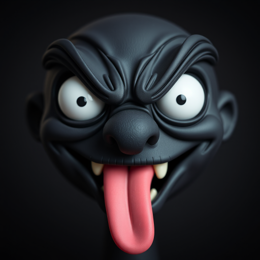 Create a cartoon-style image of a mischievous black face with exaggerated angry eyes and a long pink tongue sticking out, using a Canon EOS R5 camera with a 50mm lens, f/1.8 aperture, ISO 100, 1/200 sec shutter speed, and a soft focus background to enhance image quality.