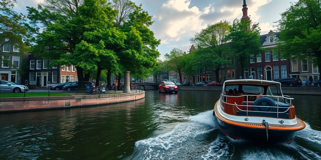 Capture a high-resolution image of a boat cruising along a canal in Amsterdam, showcasing the lush trees and historic buildings along the water's edge, with soft natural lighting and a dynamic sky, using a DSLR camera set to an aperture of f/8, ISO 100, shutter speed of 1/250s, shot from a slightly elevated angle to emphasize depth and perspective.