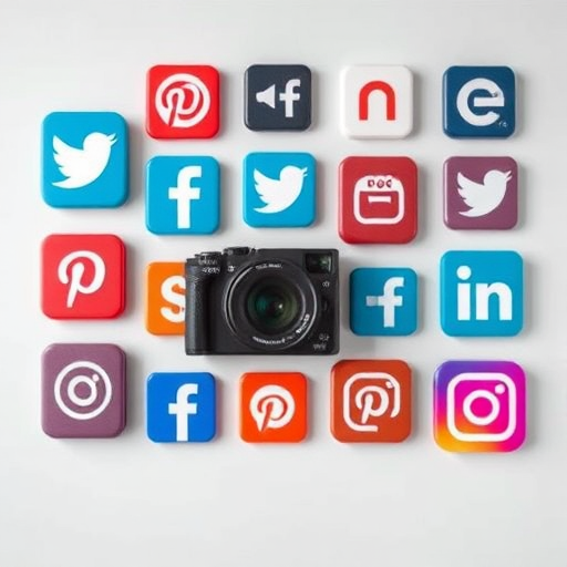 Create a high-resolution flat lay image of social media icons arranged in a grid pattern, using a DSLR camera with a 50mm lens, aperture set to f/2.8, ISO 100, shot from a top-down perspective with natural lighting for enhanced clarity and detail.