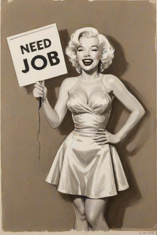 caricature of a smiling Marilyn Monroe in a Platinum dress or suit, holding up a sign that says "NEED A JOB", no watermark,