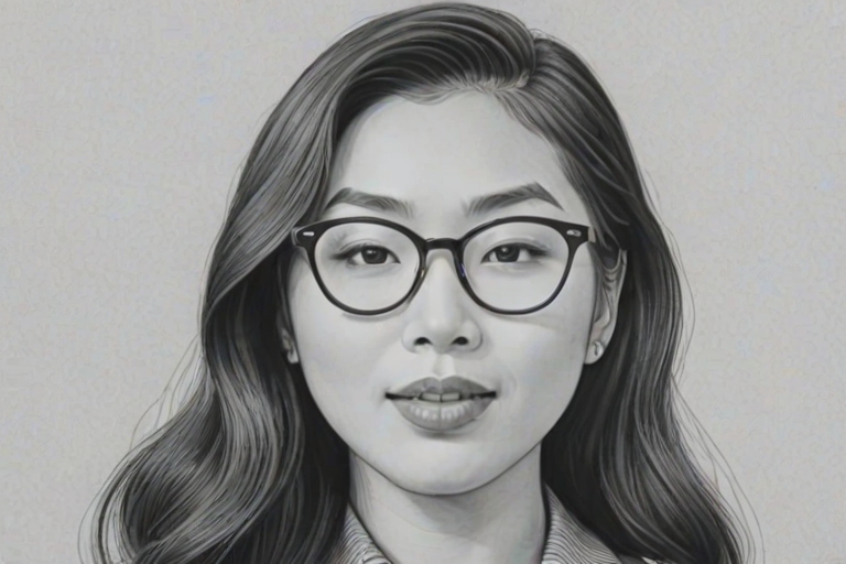 Radiant Awkwafina, pencil sketch, portrait of Attractive woman 1946s in glasses, hair style beatnik, outline, clear lines, fine lines, 8k