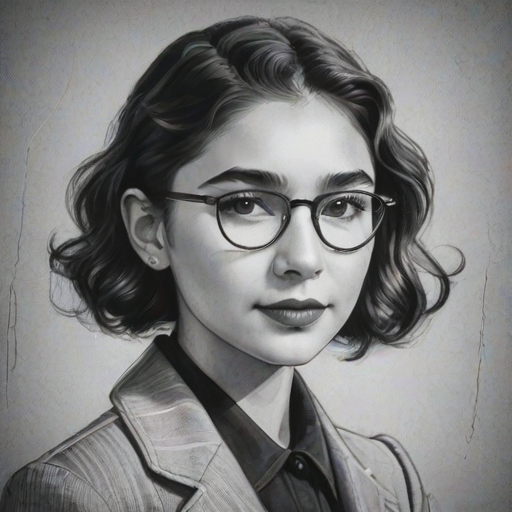 Fetching Rowan Blanchard, pencil sketch, portrait of Splendid woman 1937s in glasses, hair style beatnik, outline, clear lines, fine lines, 8k