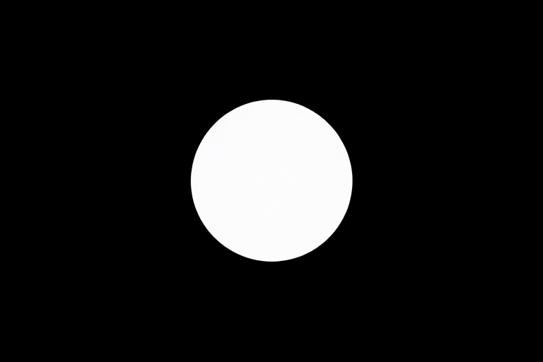 Create a minimalist image featuring a centered white circle on a black background, taken with a Canon EOS R5, 50mm lens, aperture f/1.8, shutter speed 1/125 sec, ISO 100, in soft natural light for enhanced contrast and clarity.